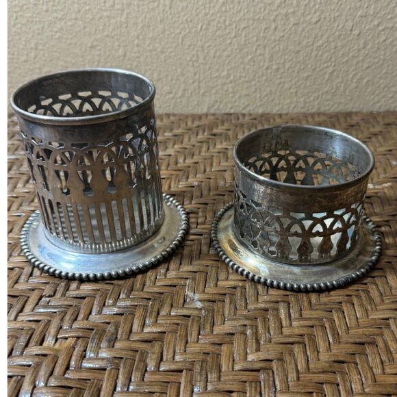 Vintage  Bottle Holder Set Stamped FS  Silver Plated Pierced Beaded Foot - Picture 6 of 9